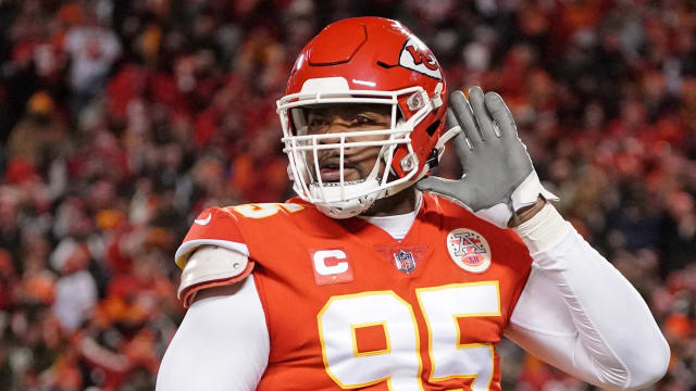 Jan 29, 2023; Kansas City, Missouri, USA; Kansas City Chiefs defensive tackle Chris Jones (95) celebrates after a sack against the Cincinnati Bengals during the first quarter of the AFC Championship game at GEHA Field at Arrowhead Stadium. Mandatory Credit: Denny Medley-USA TODAY Sports
